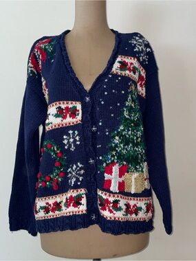 Tiara Navy Holiday Cardigan with Green Tree & Red Wreath Accents